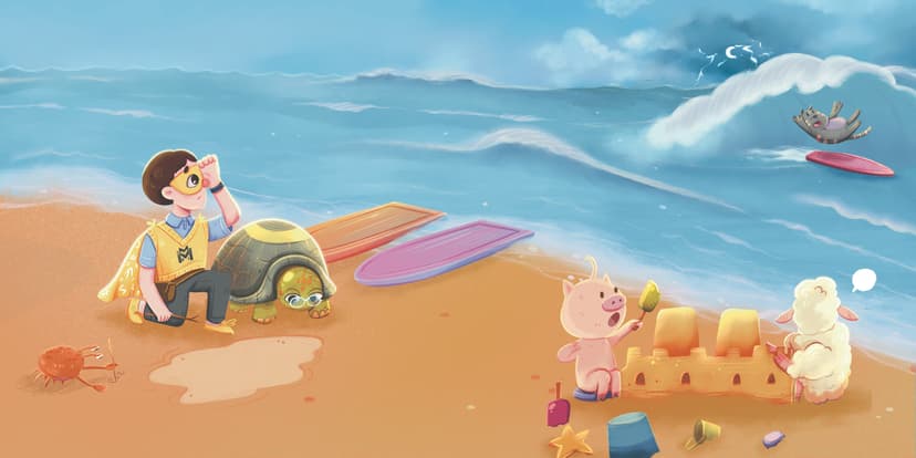 Monty on the beach with the turtle